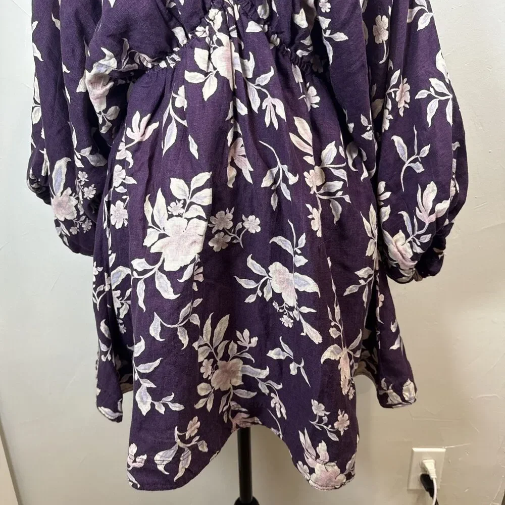 Free People Portia Printed Mini Dress Womens Small Purple Floral Linen Blend NWT